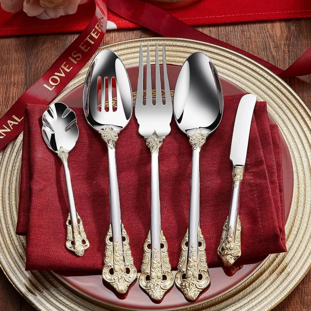 Stainless Steel Gold Cutlery Fine Silverware Set and Dishwasher Safe Silver Plated With Gold Accents Service for 8 Tableware Bar