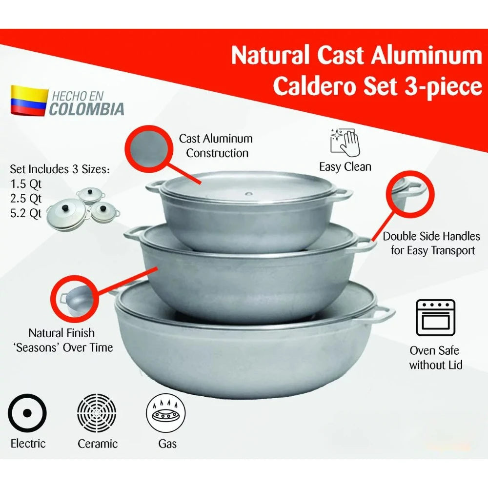 3Pieces Colombian Cast Aluminum Caldero or Dutch Oven Set with Lid - My Homes Goods