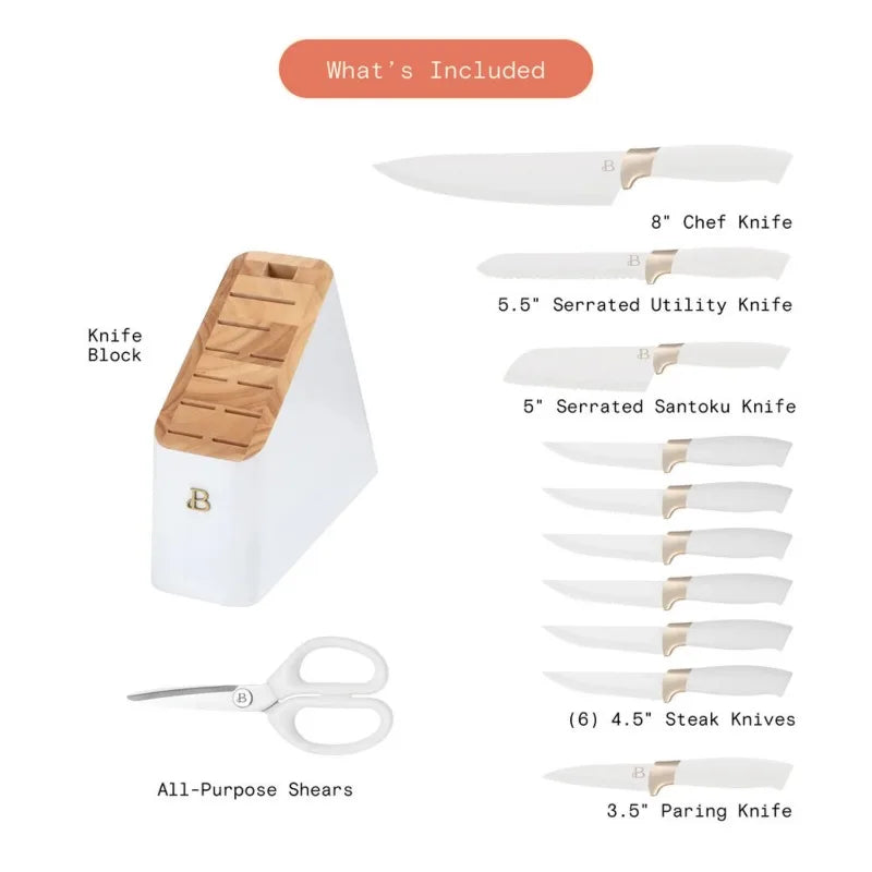 Beautiful 12 Piece Knife Block Set with Soft-Grip Ergonomic Handles White and Gold by Drew Barrymore - My Homes Goods