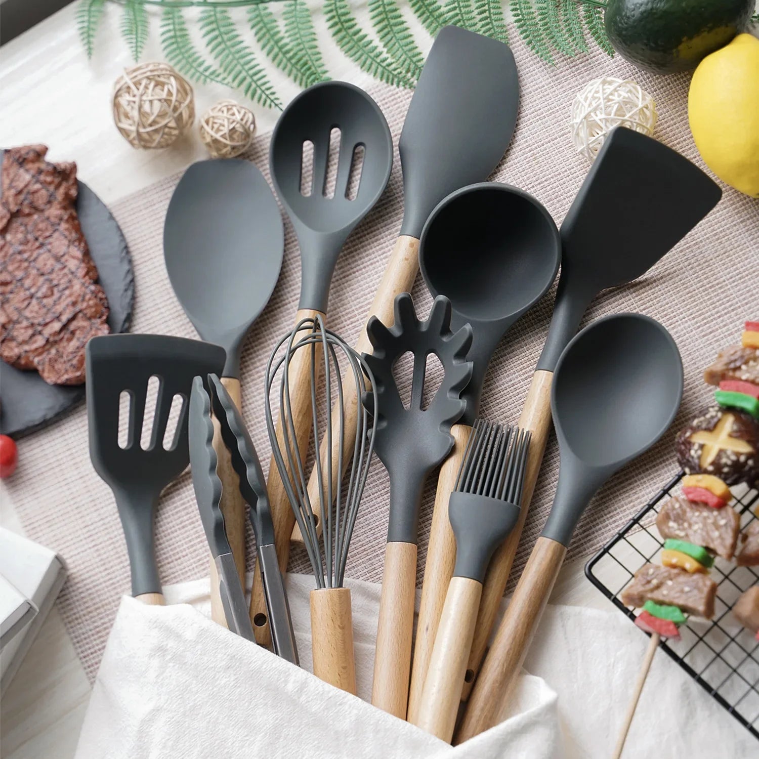 12PCS Silicone Kitchenware Non-Stick Cookware Kitchen Utensils Set Spatula Shovel Egg Beaters Wooden Handle Cooking Tool Set - My Homes Goods