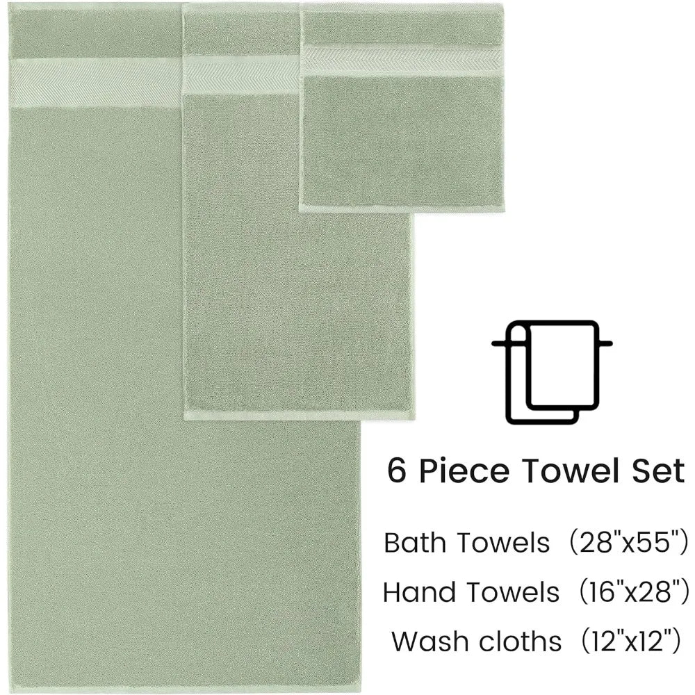 6 Piece Premium 100% Cotton Towel Set, Soft Absorbent Towels for Bathroom, Include 2 Bath Towels, 2 Hand Towels & 2 Washcloths