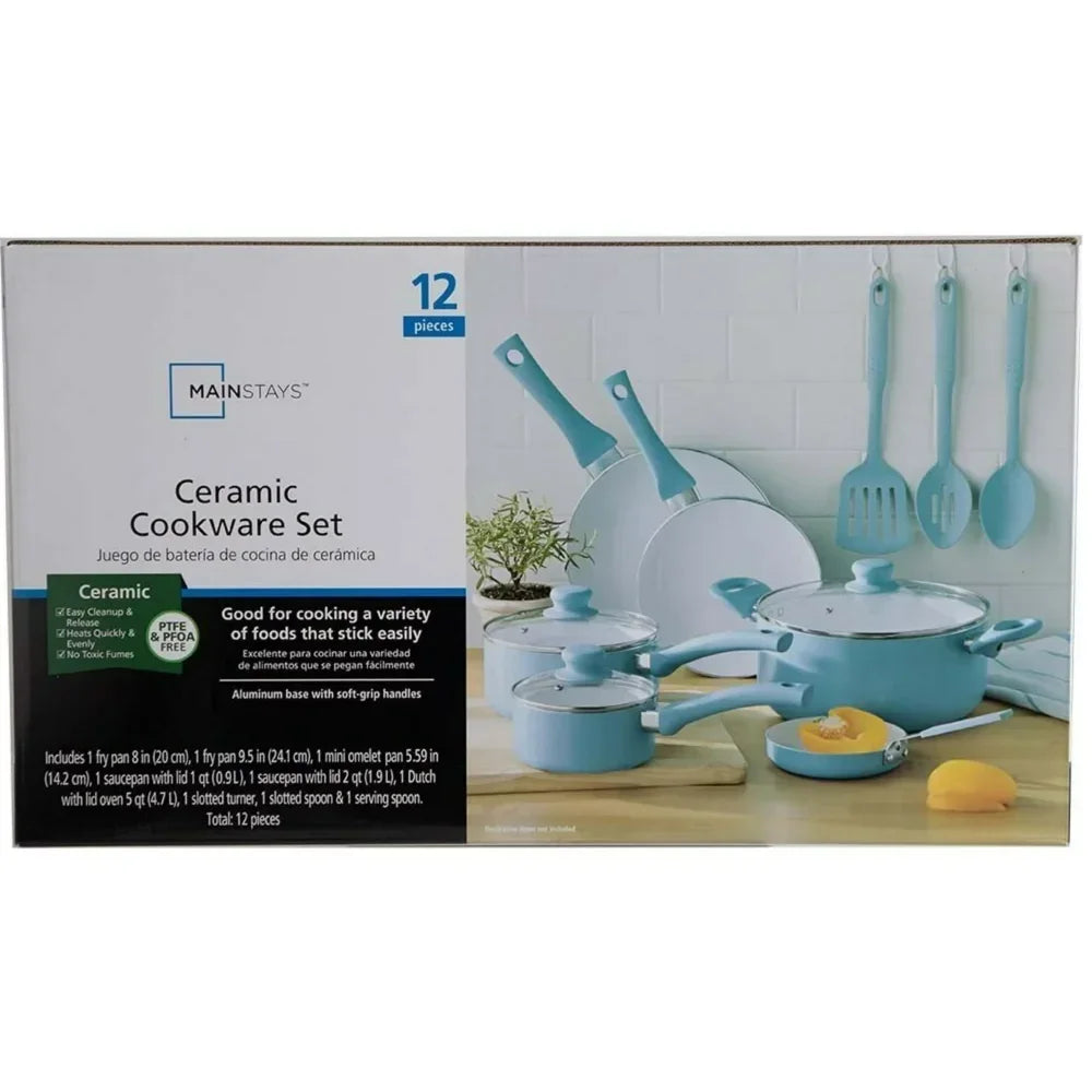 Ceramic Nonstick 12 Piece Cookware Set, Aqua, Hand Wash Only Pots and Pans - My Homes Goods