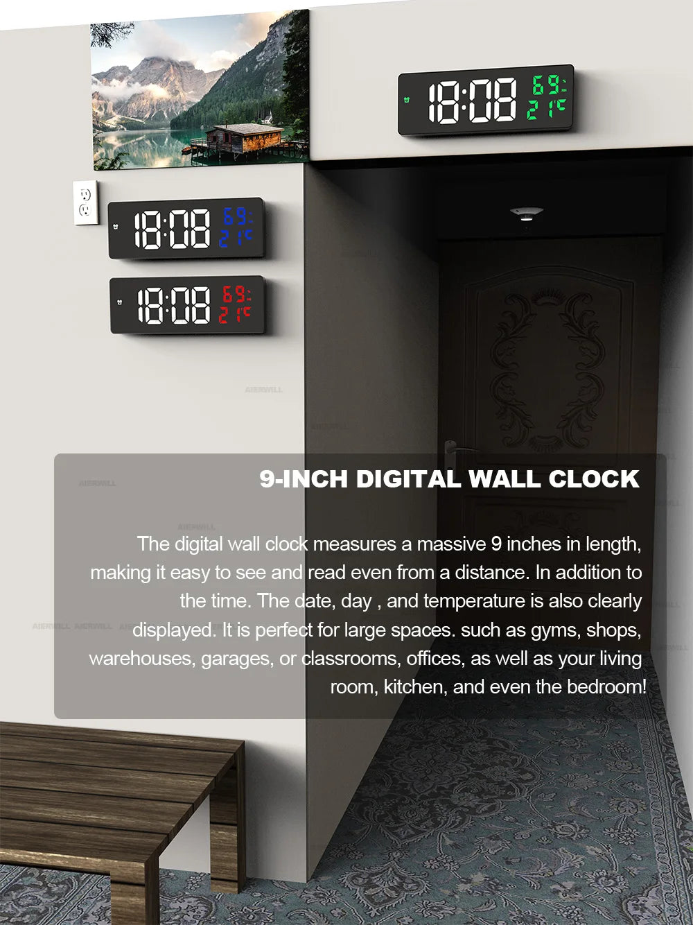 9“ Digital Wall Clock Large LED Screen Temperature Humidity Display Electronic Alarm Clock Home Decoration 12/24H Table Clock - My Homes Goods