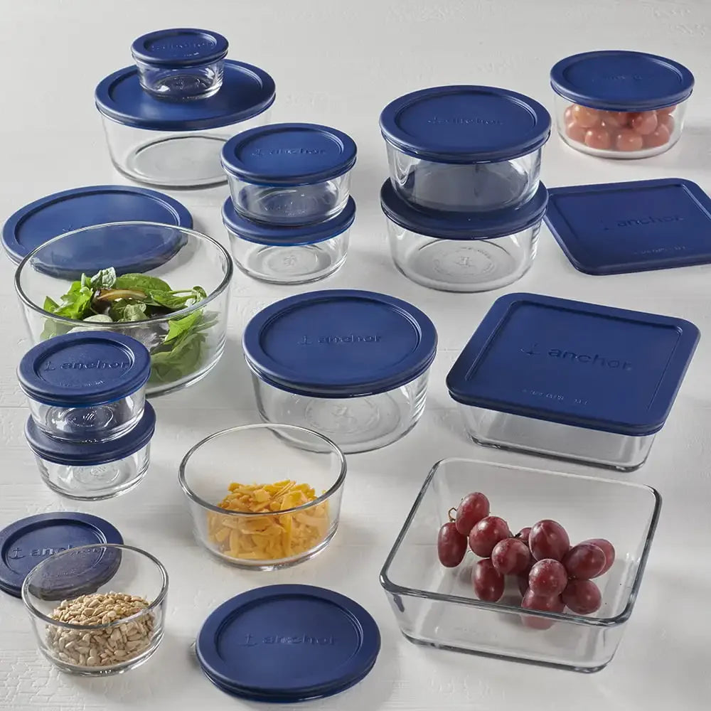 30 Piece Glass Jar Food Container Set with Lids Navy Blue Lid Set - My Homes Goods