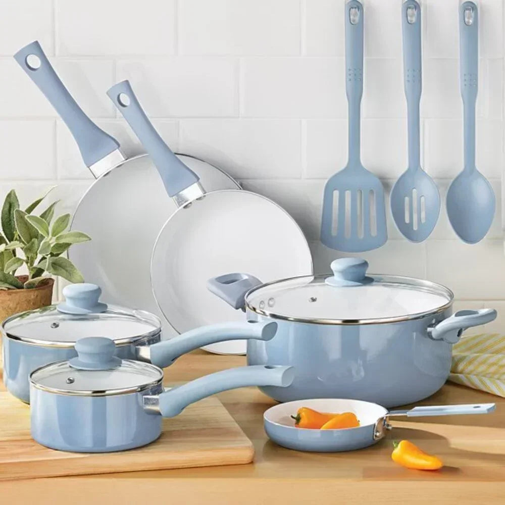 Ceramic Nonstick 12 Piece Cookware Set, Aqua, Hand Wash Only Pots and Pans - My Homes Goods