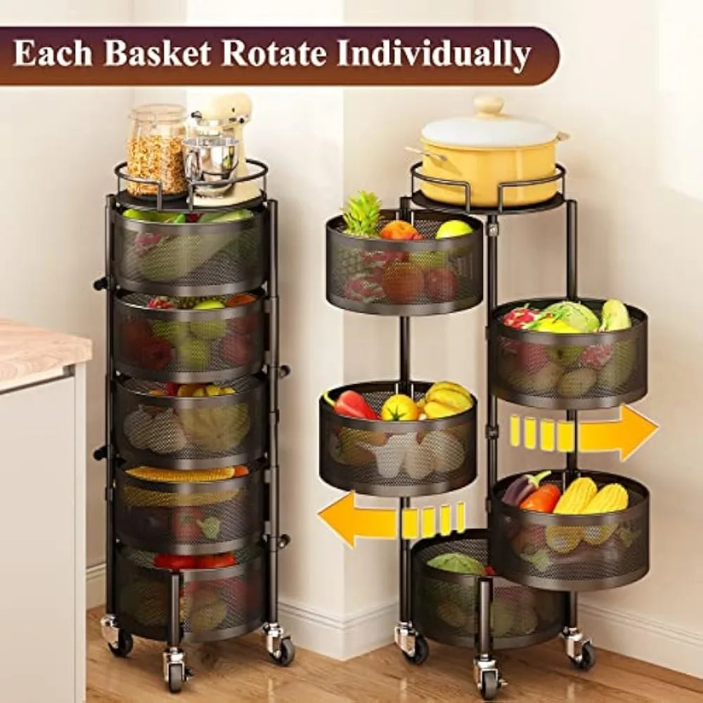 Fruit and Vegetable Basket Bowls for Kitchen with Metal Top Lid, SNTD 5 Tier Rotating Storage Rack Cart for Potato Onion Bread - My Homes Goods