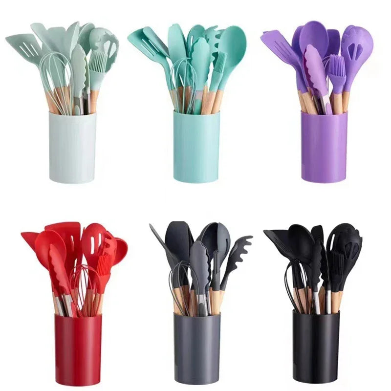 12Pcs Silicone Cooking Utensils Set Wooden Handle Kitchen Cooking Tool Non-stick Cookware Spatula Shovel Egg Kitchenware Beaters - My Homes Goods