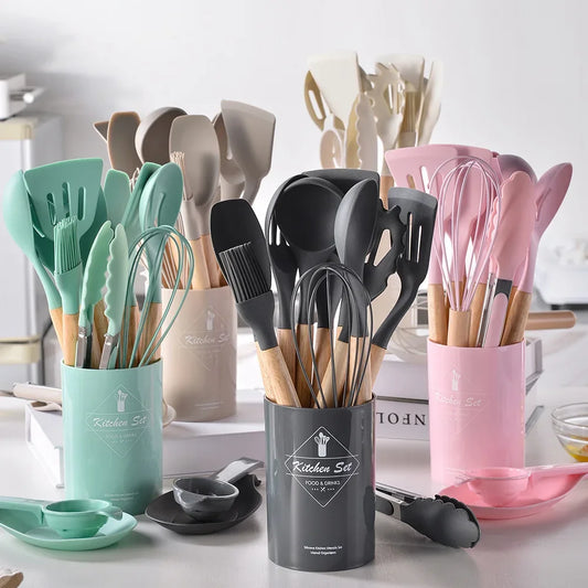 12Pcs Silicone Cooking Utensils Set Wooden Handle Kitchen Cooking Tool Non-stick Cookware Spatula Shovel Egg Kitchenware Beaters - My Homes Goods