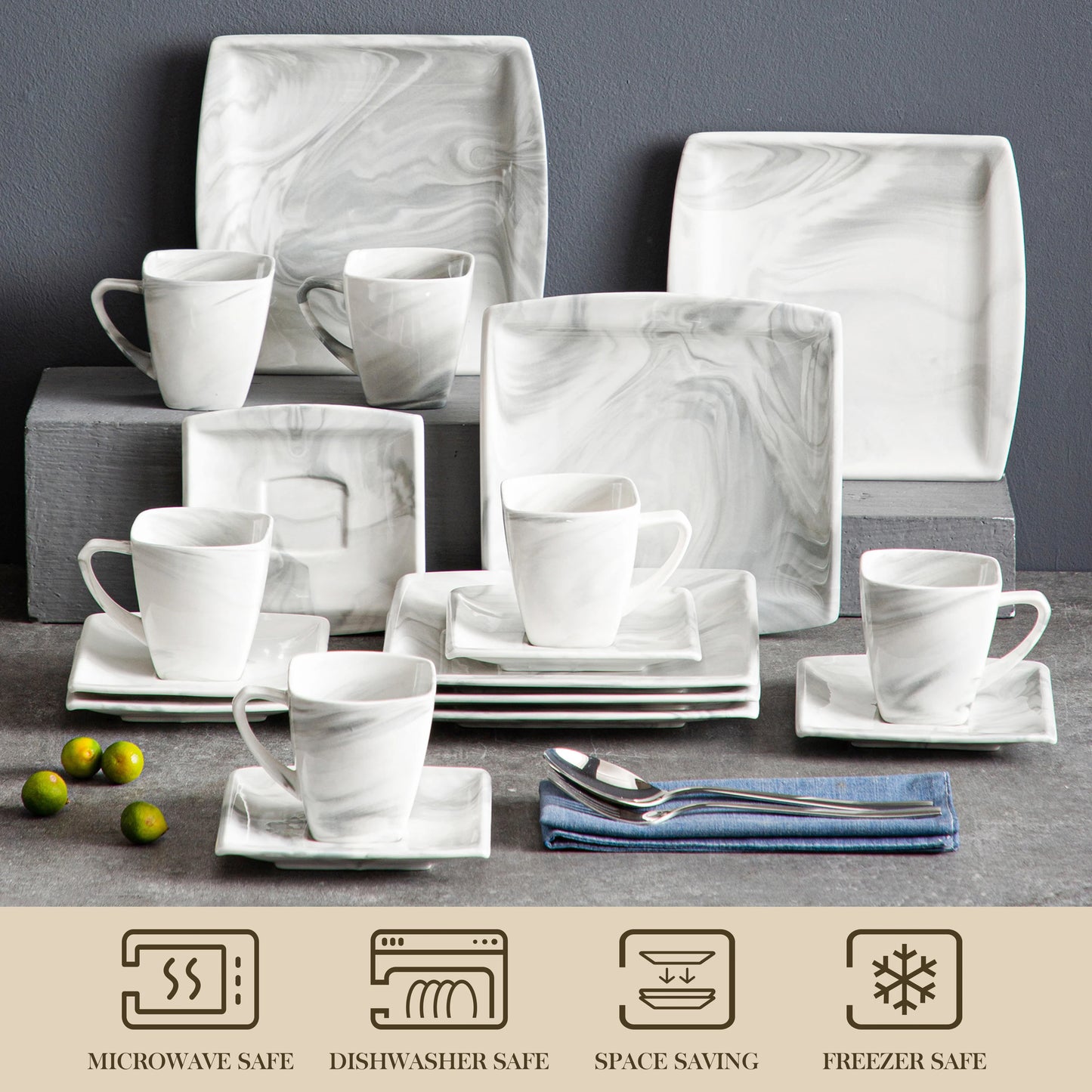 MALACASA Blance 18/36pcs Marble Grey Porcelain Ceramic Drinkware Sets with Coffee Cups,Saucers and Dessert Plates for 6 Person