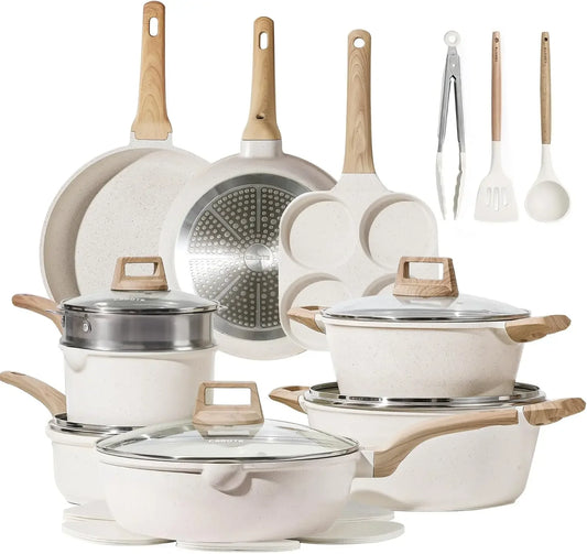 21Pcs Pots and Pans Set, Nonstick Cookware Sets, White Granite Induction Cookware Non Stick Cooking Set w/Frying Pans & S