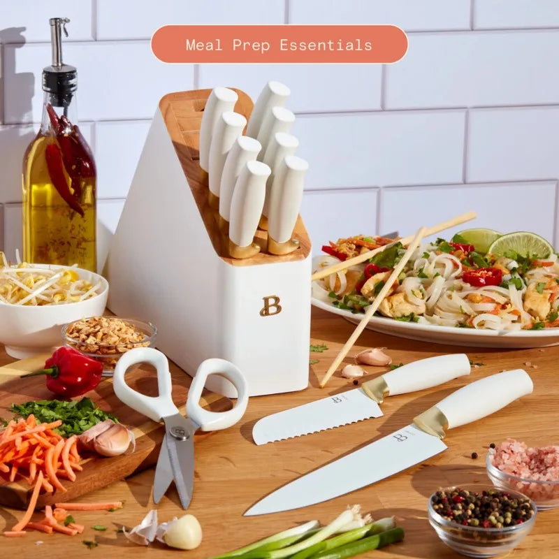 Beautiful 12 Piece Knife Block Set with Soft-Grip Ergonomic Handles White and Gold by Drew Barrymore - My Homes Goods