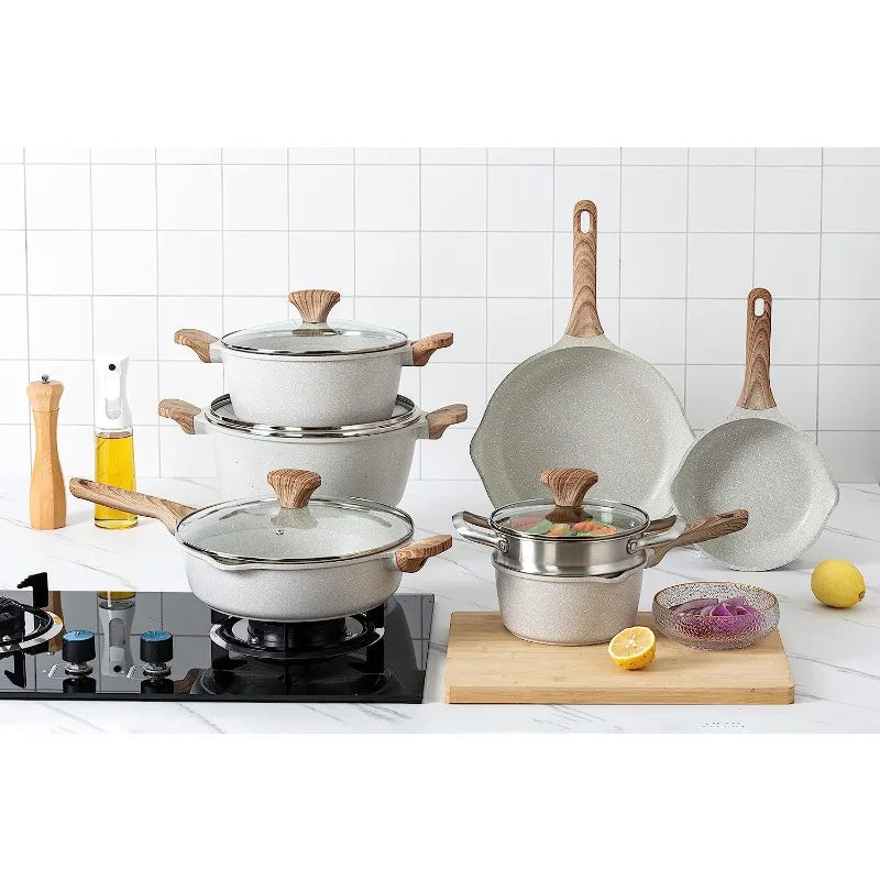 Country Kitchen Nonstick Induction Cookware Sets - 6 Piece Cast Aluminum Pots and Pans with BAKELITE Handles and Glass - My Homes Goods