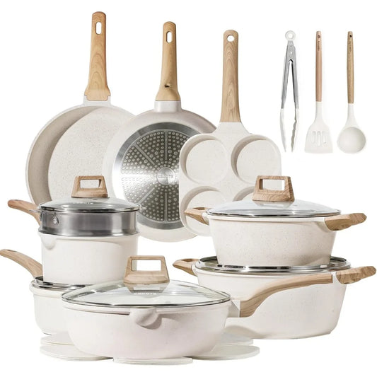 CAROTE 21Pcs Pots and Pans Set, Nonstick Cookware Sets, White Granite Induction Cookware Non Stick Cooking Set w/Frying Pans