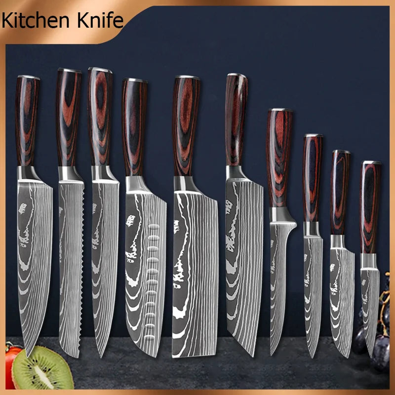 Kitchen Knives 7CR17 440C Stainless Steel Knife Laser Damascus Pattern Japanese Santoku Cleaver Slicing Utility Chef Knife Set - My Homes Goods