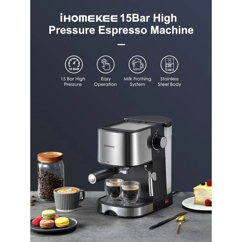 Ihomekee Espresso Machine 15 Bar Pump Pressure, Espresso and Cappuccino Coffee Maker with Milk Frother/Steam Wand for Latte - My Homes Goods